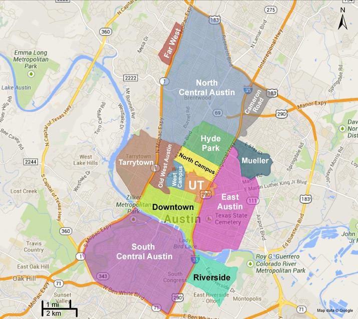bản đồ của Austin khu phố